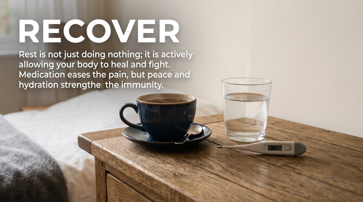 Warm tea and water on a wooden bedside table for senior flu recovery and symptom relief 